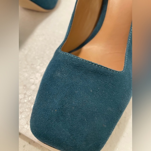 Nordstrom Teal Square Toe Velvet Pump No Size Listed Maybe Size 6? Block Heel - Picture 6 of 6